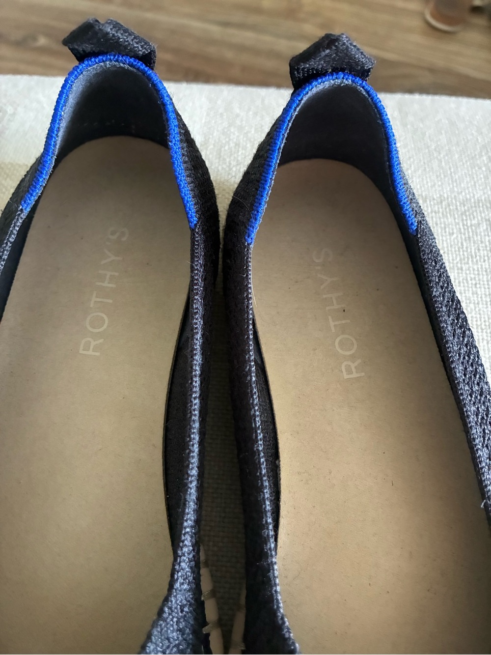 Rothy's Black Knit Espadrille-Style Slip Ons with Blue Trim - Picture 2 of 4